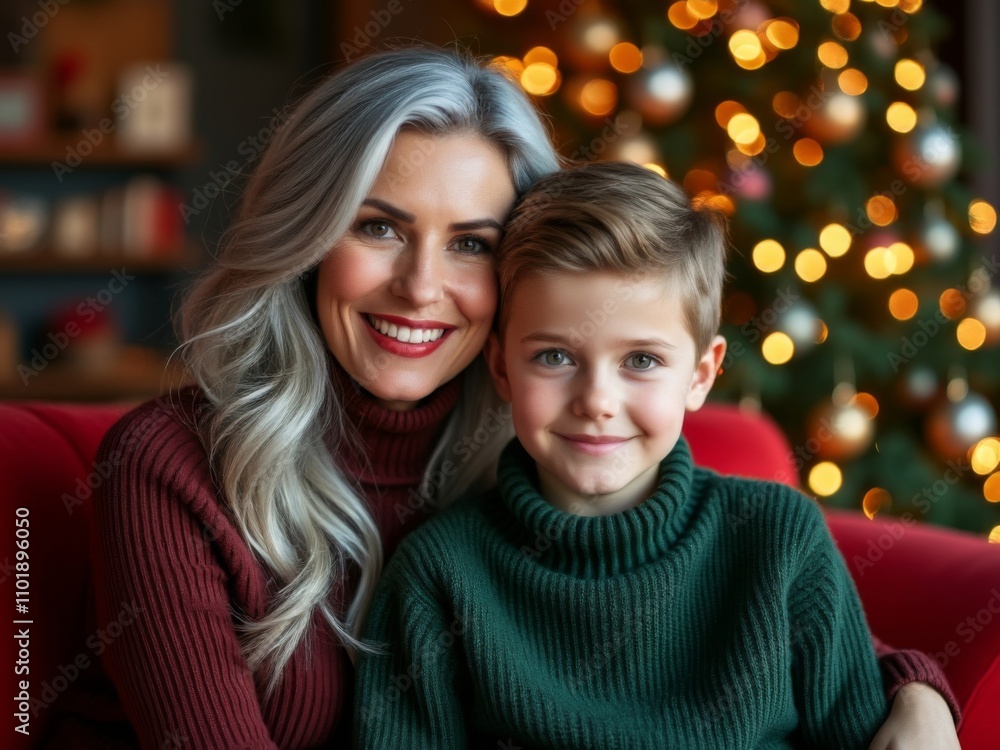 Smiling woman with gray hair and young boy in festive sweaters, sitting on a red couch with a glowing Christmas tree in the background Smiling woman with gray hair and young boy in festive sweaters, sitting on a red couch with a glowing Christmas tree in the background