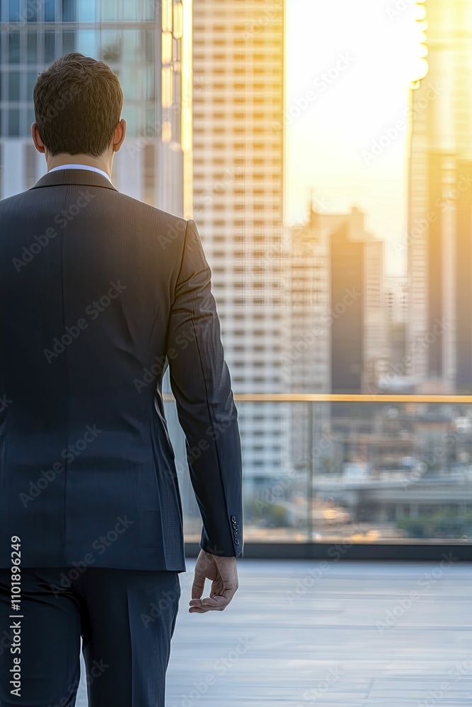 Fototapeta premium Businessman exploring investment opportunities in alternative markets, featuring modern design, luxurious leather and chrome accents, with sophisticated meeting space backdrop.