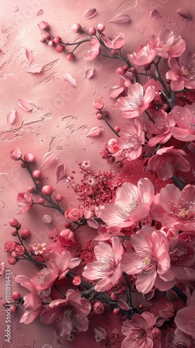 Dreamy soft pink blossoming flowers in a spring nature scene with delicate petals and branches creating a romantic elegant and feminine composition photo