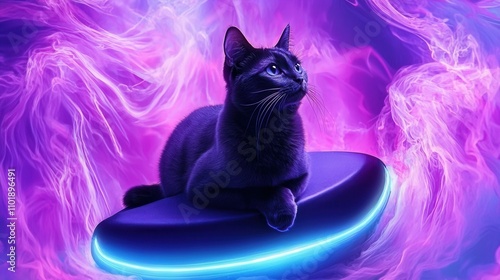 Mystical Black Cat Silhouette Surrounded by Glowing Neon Purple Smoke and Lights photo