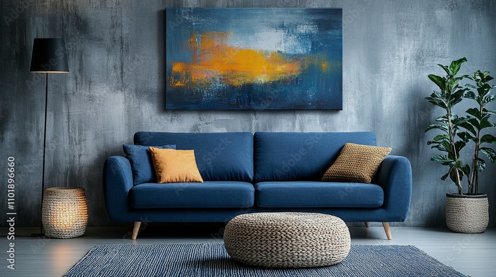 Scandinavian, farmhouse, country interior design of modern living room featuring a blue sofa, abstract painting, soft lighting, and a natural woven pouf against concrete wall. Scandinavian, farmhouse, country interior design of modern living room featuring a blue sofa, abstract painting, soft lighting, and a natural woven pouf against concrete wall.