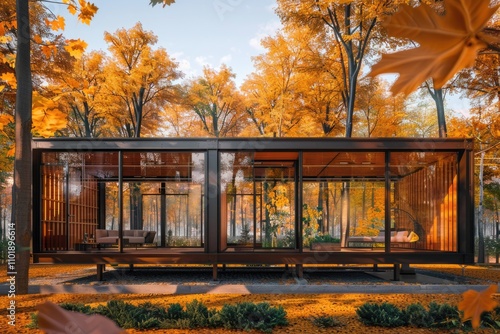 Modern glass house nestled in a vibrant autumn forest, offering serene views and cozy interiors.