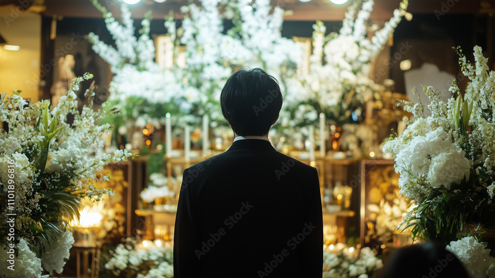 祭壇前で祈りを捧げる弔問者 祭壇前で祈りを捧げる弔問者
