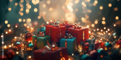 Pile of colorful Christmas gift boxes surrounded by glowing fairy lights and festive ornaments