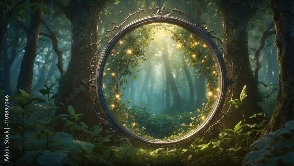 Fototapeta premium Enchanted mirror in the forest, dark fairy tale atmosphere