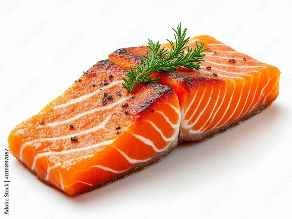 Close-up of two grilled salmon fillets garnished with fresh rosemary and cracked black pepper, isolated on a white background Close-up of two grilled salmon fillets garnished with fresh rosemary and cracked black pepper, isolated on a white background