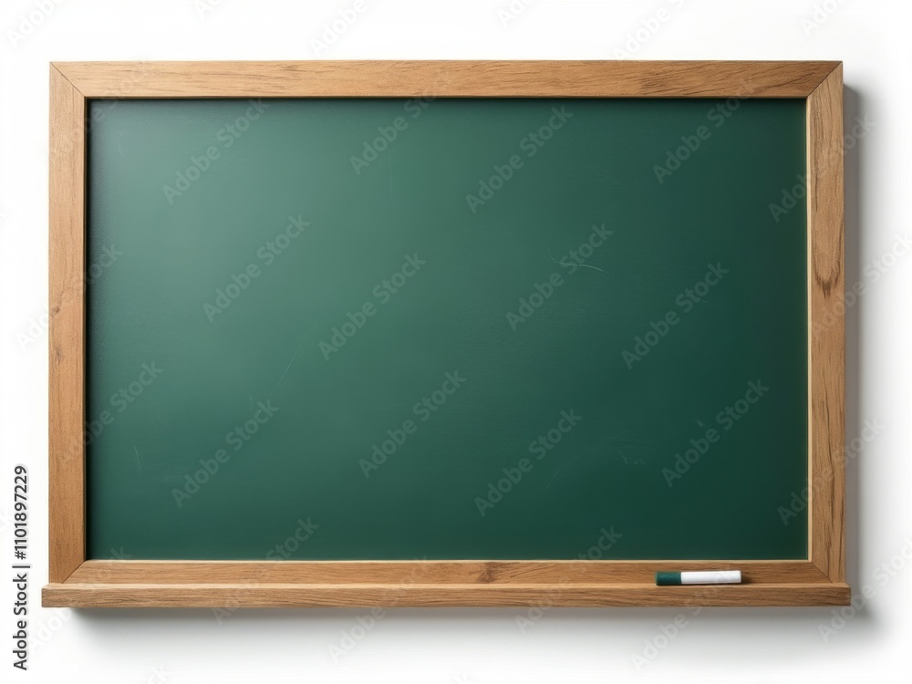Classic green chalkboard with wooden frame and chalk tray, displayed on a plain white background, ideal for education and classroom visuals Classic green chalkboard with wooden frame and chalk tray, displayed on a plain white background, ideal for education and classroom visuals