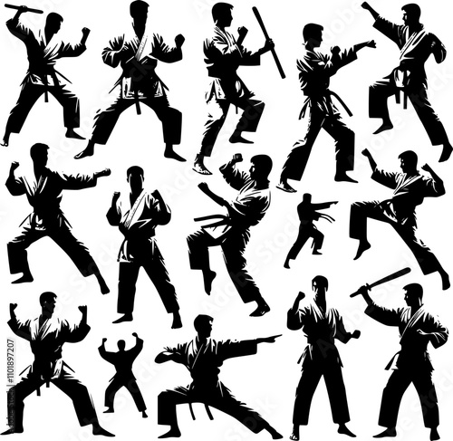 Dynamic Moves Karate Silhouette Vector Art, Grace and Power Karate Silhouette in Vector, Martial Arts Motion Vector Silhouettes of Karate.