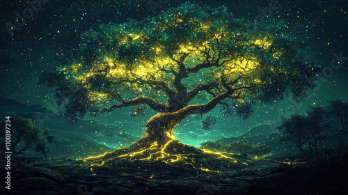 glowing tree with electrified branches stands majestically under starry sky, illuminating surrounding landscape with its vibrant light. scene evokes sense of wonder and magic