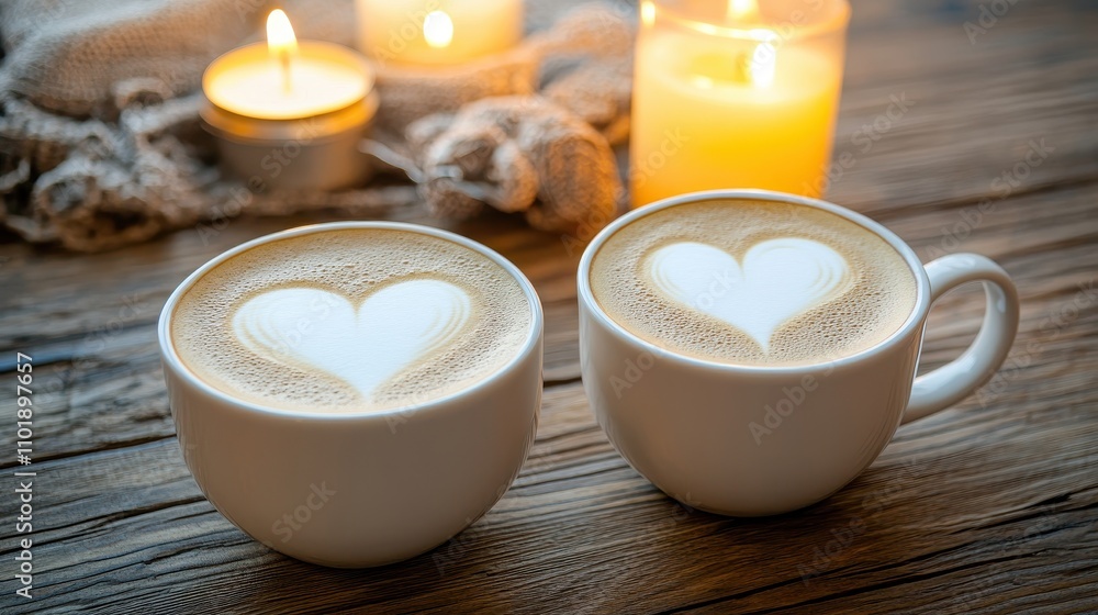 Romantic Cozy Evening Two Latte Cups with Heart Design on Wooden Table with Candles Romantic Cozy Evening Two Latte Cups with Heart Design on Wooden Table with Candles