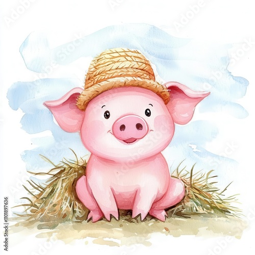 Watercolor illustration clipart of a cheerful pink piglet wearing a straw hat, sitting beside a pile of hay, Digital clipart watercolor aesthetic,  isolated on white background. photo