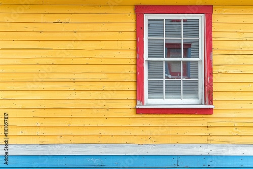 A brightly colored yellow wooden wall with a red and white window.