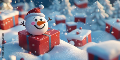 Playful snowman-shaped gift boxes in a snowy landscape with whimsical details photo