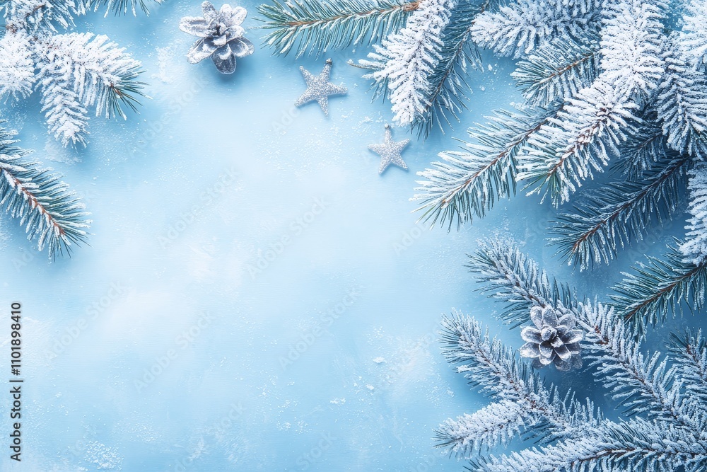 White Christmas background with silver stars and snow-covered pine branches. Flat lay design, copy space for Christmas party or New Year’s decoration. White Christmas background with silver stars and snow-covered pine branches. Flat lay design, copy space for Christmas party or New Year’s decoration.