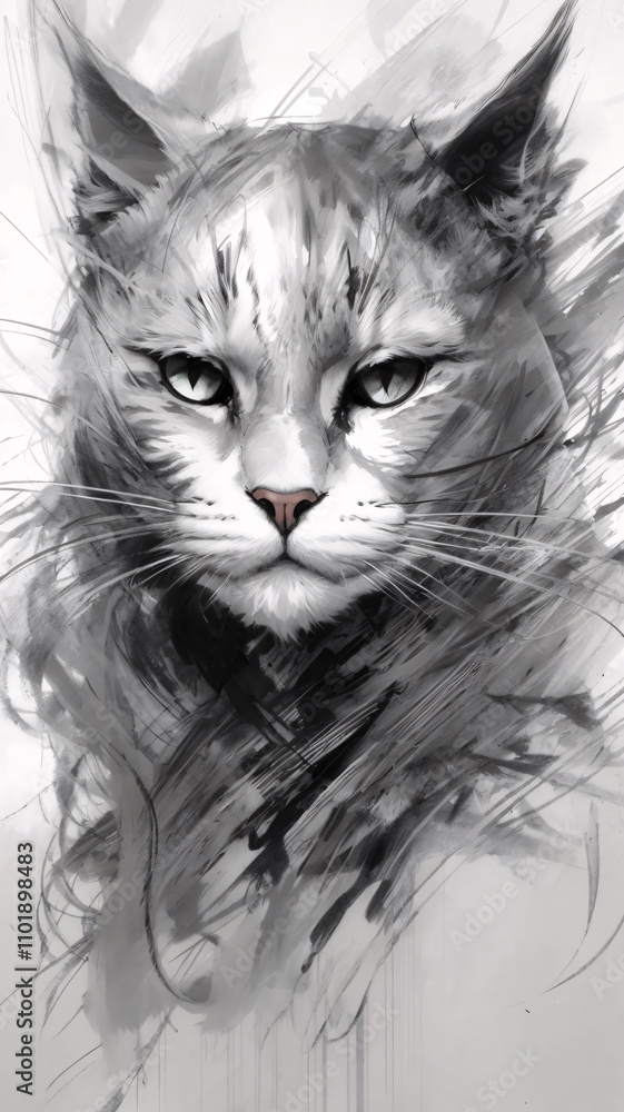 Fun Abstract Cat Design in Mixed Brush Stroke Art Form Ink Style Wallpaper