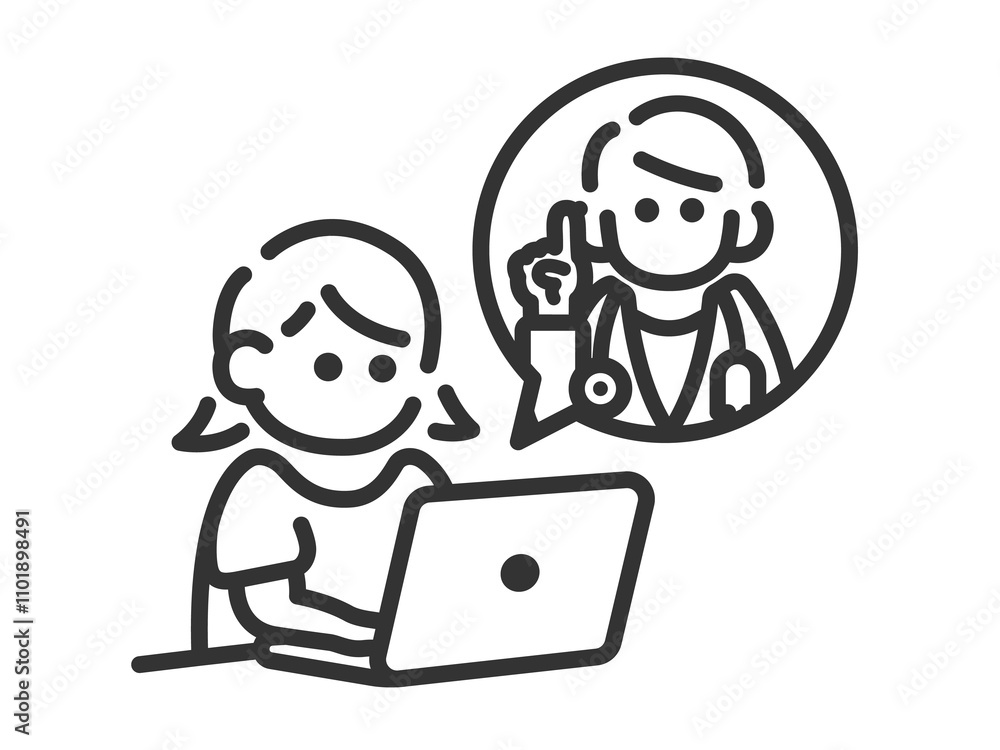 ノートパソコンで、オンライン診療を受ける女性のアイコン(線画)のイラスト ノートパソコンで、オンライン診療を受ける女性のアイコン(線画)のイラスト