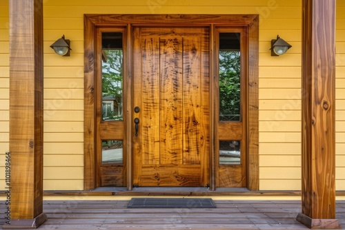 A rustic wooden front door with sidelights, set in a yellow siding house with wooden pillars and porch.