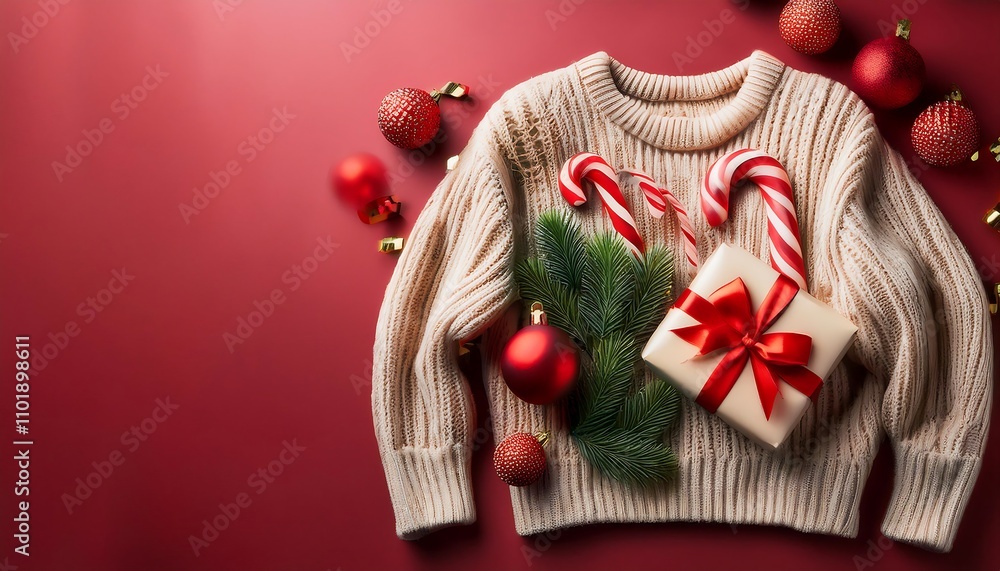 A knitted sweater with festive Christmas decorations such as candy canes gift boxes and red_1(366) A knitted sweater with festive Christmas decorations such as candy canes gift boxes and red_1(366)