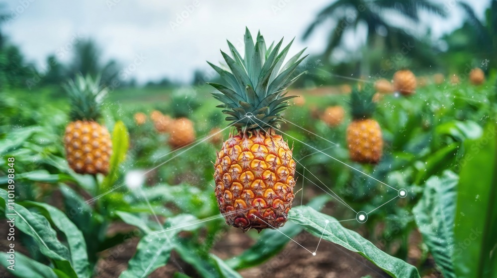 Lush pineapple crops under digital observation exemplify IoT's role in enhancing crop health and maximizing agricultural productivity Lush pineapple crops under digital observation exemplify IoT's role in enhancing crop health and maximizing agricultural productivity