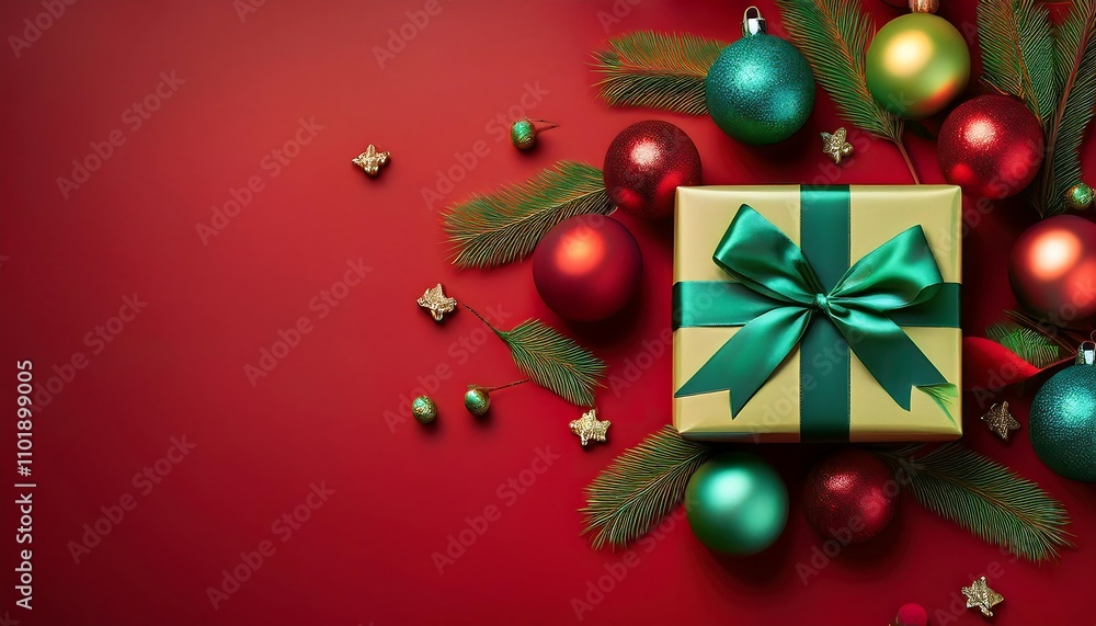 A holiday gift wrapped in green ribbon and surrounded by ornaments on a vibrant red surface_1(361) A holiday gift wrapped in green ribbon and surrounded by ornaments on a vibrant red surface_1(361)