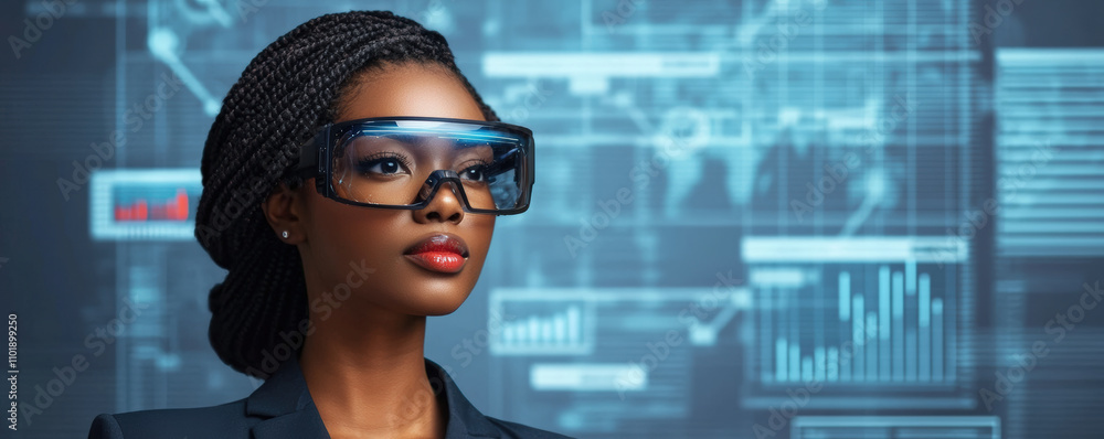 A confident woman in modern glasses stands in front of a high-tech background, embodying innovation and professionalism. A confident woman in modern glasses stands in front of a high-tech background, embodying innovation and professionalism.