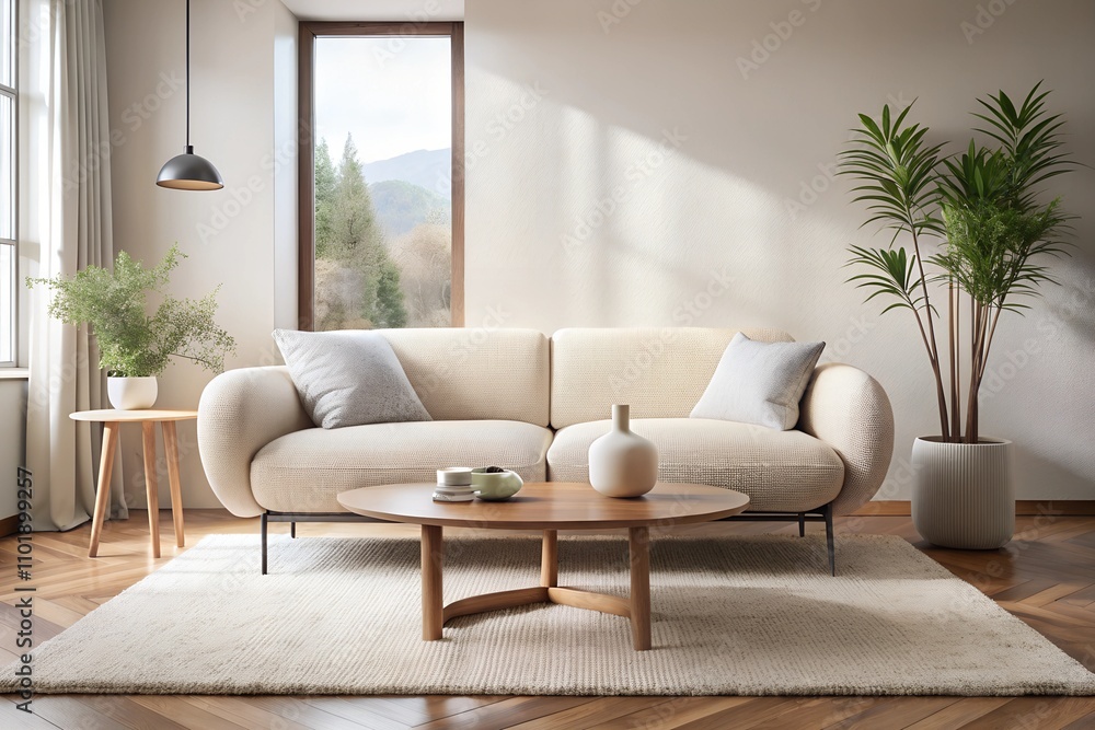 Fototapeta premium Minimalist, japandi style interior design of modern living room. Cute cozy boucle sofa near ellipse coffee table.