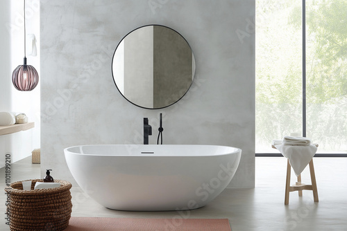 Moderne, frei stehende Badewanne mit Spiegel an der fugenlosen Wand photo