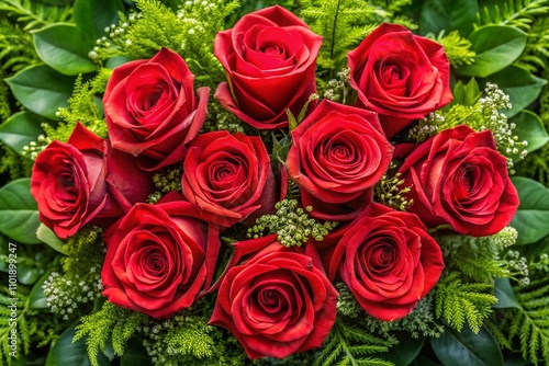 Stunning Aerial View of a Beautiful Bouquet of Red Roses Captured with Drone Photography, Perfect for Floral Arrangements and Romantic Occasions