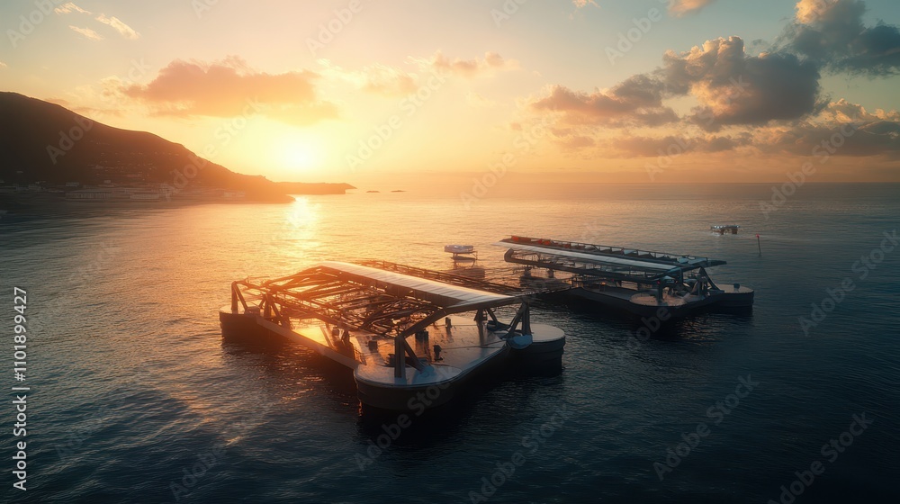 Aerial View of an Innovative Tidal Power Generator at Sunrise: Coastal Engineering Installation Highlighted in Dramatic Lighting. Aerial View of an Innovative Tidal Power Generator at Sunrise: Coastal Engineering Installation Highlighted in Dramatic Lighting.