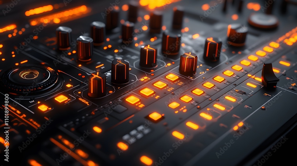 Audio mixer console photographed in dramatic orange lighting, showing detailed faders and knobs of professional DJ equipment with black metallic texture and technical details. Audio mixer console photographed in dramatic orange lighting, showing detailed faders and knobs of professional DJ equipment with black metallic texture and technical details.