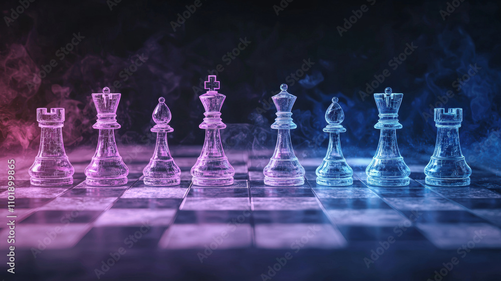 vibrant chessboard features glowing, electrified pieces in pink and blue hues, creating captivating atmosphere. translucent figures stand out against smoky background, enhancing visual appeal vibrant chessboard features glowing, electrified pieces in pink and blue hues, creating captivating atmosphere. translucent figures stand out against smoky background, enhancing visual appeal