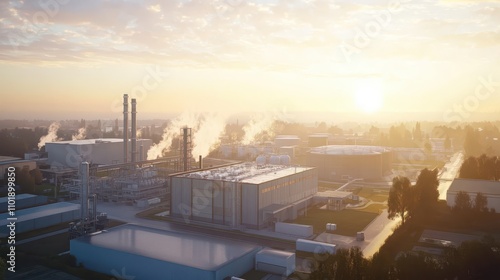 Aerial View of an Industrial Cogeneration Facility: Soft Dawn Lighting Enhancing Power Infrastructure in a Comprehensive Technical Visualization.