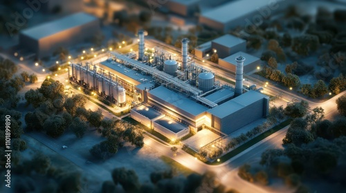 Aerial View of an Industrial Cogeneration Facility: Soft Dawn Lighting Enhancing Power Infrastructure in a Comprehensive Technical Visualization.