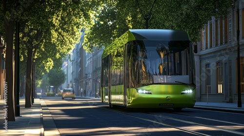 Fototapeta Naklejka Na Ścianę i Meble -  Elegant Green Tram in a Picturesque Cityscape