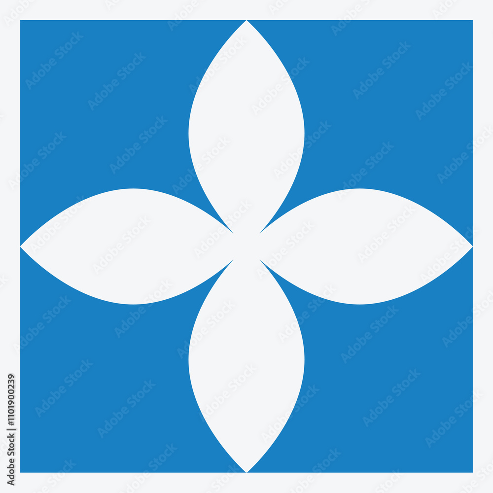 A blue square featuring a white floral design with four symmetrical petals. A blue square featuring a white floral design with four symmetrical petals.
