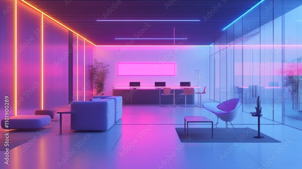 Neon-Lit Modern Office Reception Area Design Neon-Lit Modern Office Reception Area Design