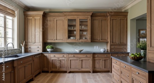 Wooden cabinetry with fine detailing and muted classic tones