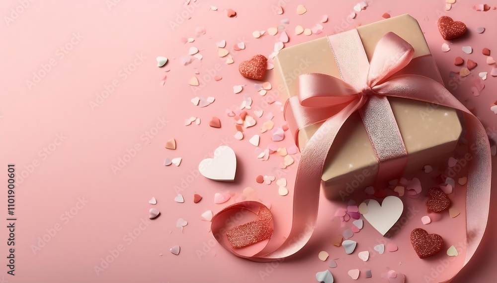 A handmade gift box, adorned with ribbons, paper hearts, and confetti, sits on a soft pink _1(346) A handmade gift box, adorned with ribbons, paper hearts, and confetti, sits on a soft pink _1(346)
