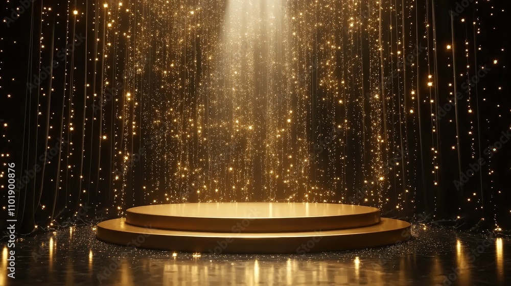 Obraz premium Empty Golden Podium with Shining Lights in a Dim Room