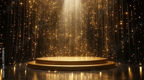 Empty Golden Podium with Shining Lights in a Dim Room