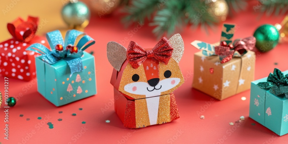Small whimsical gift boxes shaped like animals, decorated with festive bows and glitter Small whimsical gift boxes shaped like animals, decorated with festive bows and glitter