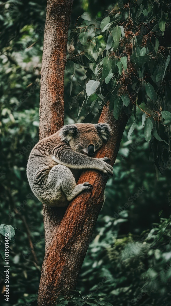 Naklejka premium A Peaceful Koala Napping on a Lush Eucalyptus Tree in Australia's Rainforest