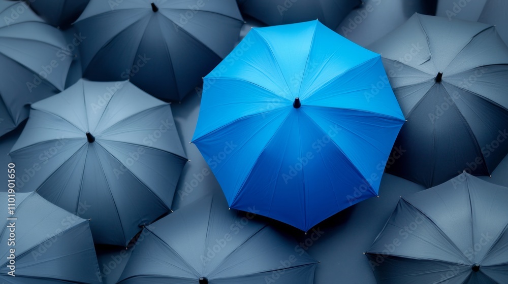 Blue umbrella on top of other gray umbrellas. Business and safety concept Blue umbrella on top of other gray umbrellas. Business and safety concept