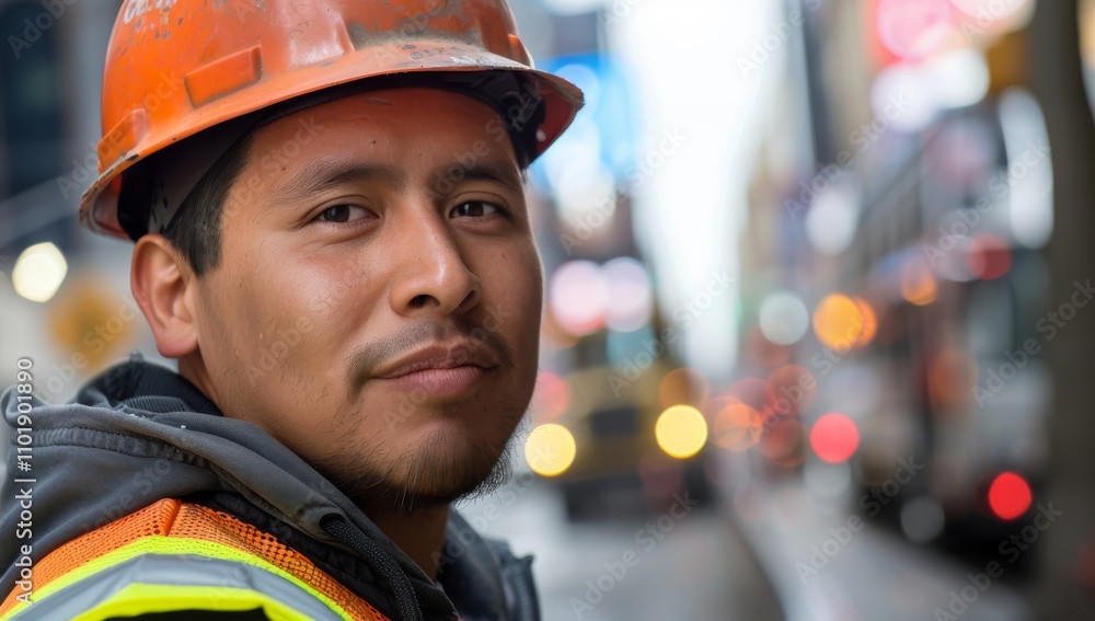 Hispanic construction worker, New York City street in the background. Mexico or south american city. Mexican urban growth. Diverse, multicultural and inclusion Hispanic construction worker, New York City street in the background. Mexico or south american city. Mexican urban growth. Diverse, multicultural and inclusion