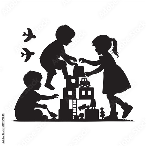 Childs playing silhouette vector. Kids outdoor activity vector. Children jumping silhouette illustration
