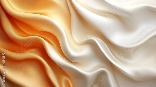 Smooth, flowing orange and white silk fabric with elegant drapery and soft folds.