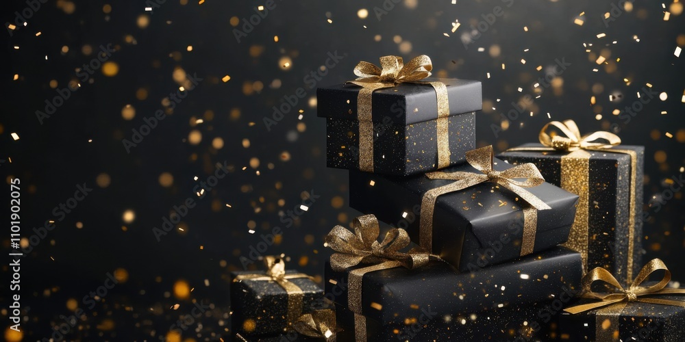Stack of luxurious black gift boxes with golden ribbons and sparkling confetti accents Stack of luxurious black gift boxes with golden ribbons and sparkling confetti accents