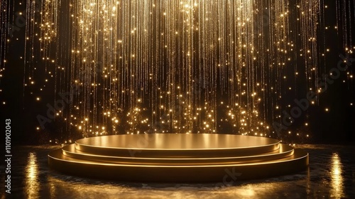 Empty Golden Podium Surrounded by Shimmering Lights and Sparkles