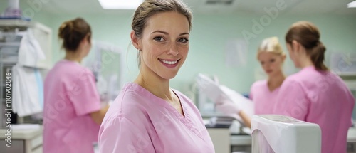 Smiling female nurse in pink scrubs, two colleagues blurred in background.