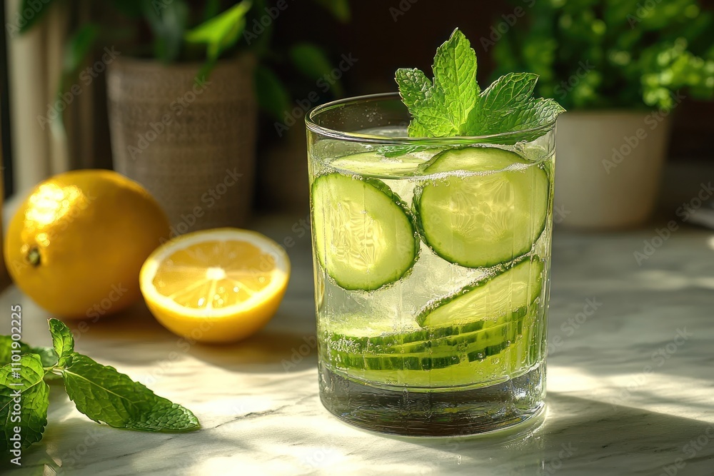 A glass of refreshing cucumber water with lemon and mint. A glass of refreshing cucumber water with lemon and mint.